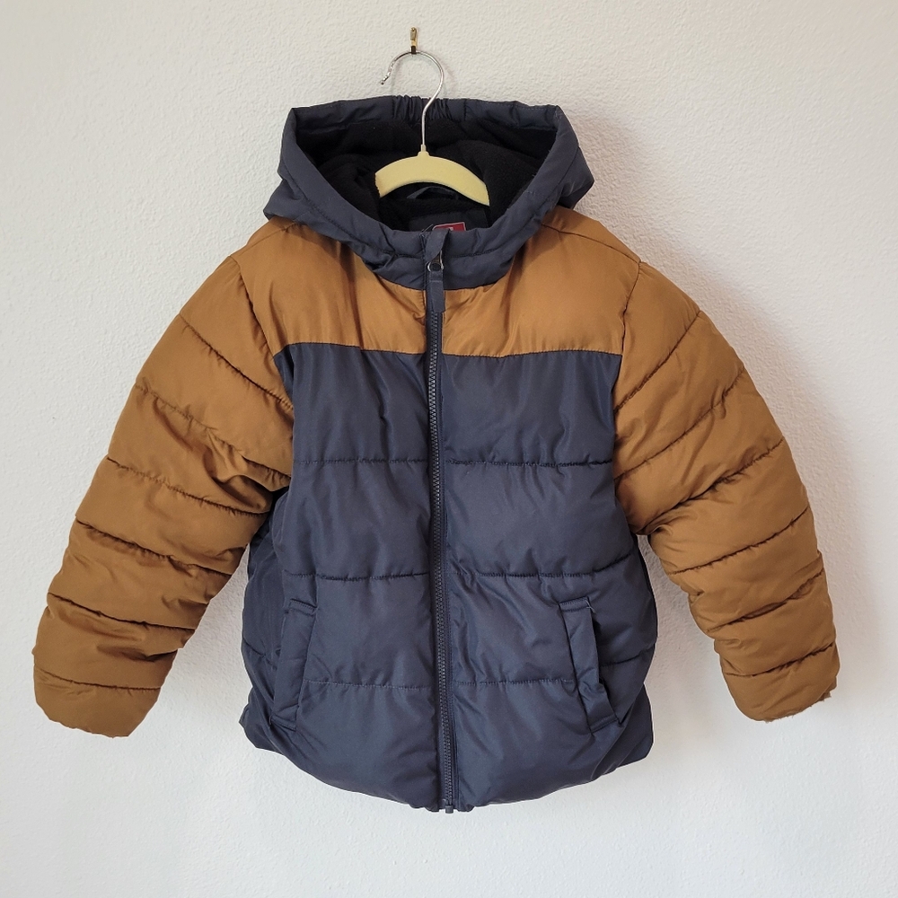 Swiss Tech Boys Small 6/7 Black Brown Colorblock Puffer Coat Hooded